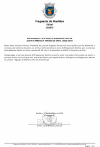 Edital 3/2025 -  Encerramento dos Servi&ccedil;os Administrativos da Junta de Freguesia de Machico - Per&iacute;odo de Natal e Ano Novo
