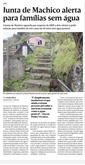 Not&iacute;cia JM "Junta de Machico alerta para fam&iacute;lias sem &aacute;gua"