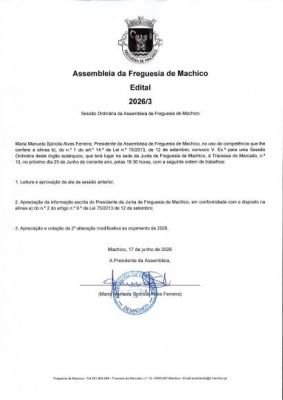 Edital 2026/3 - Sess&atilde;o Ordin&aacute;ria da Assembleia de Freguesia de Machico 