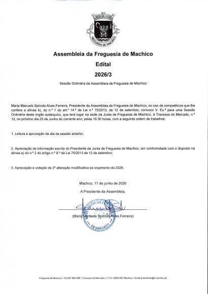 Edital 2026/3 - Sess&atilde;o Ordin&aacute;ria da Assembleia de Freguesia de Machico 